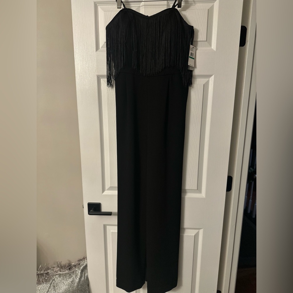 Elegant Black Strapless Jumpsuit w/Fringe accent NWT